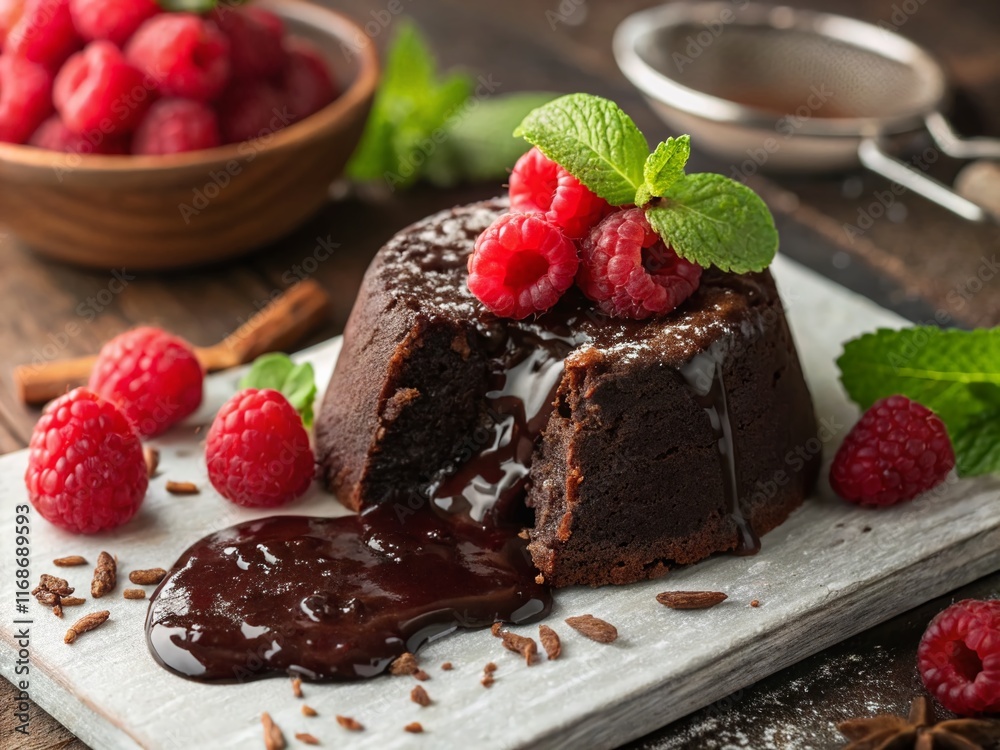 Close-up of Luscious Chocolate Lava Cake with Melted Chocolate and Fresh Berries Close-up of Luscious Chocolate Lava Cake with Melted Chocolate and Fresh Berries