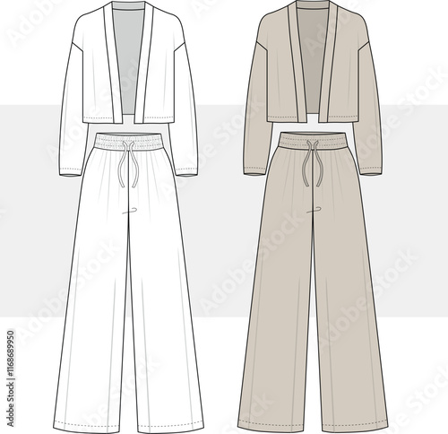 Oversize cotton Drop Shoulder Cardigan kimono and wide leg sweatpants suit drawing. Fashion Illustration, Vector, CAD, Technical Drawing, Flat Drawing, Template, Mockup.