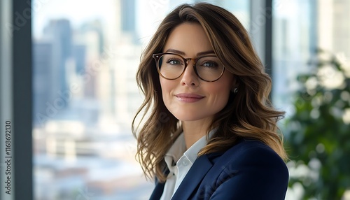 Confident Corporate Executive Portrait of a Successful Businesswoman in Business Attire with Glasses, Wavy Brown Hair, and a Friendly Expression in a Modern Office Setting with City Backdrop and Natur photo