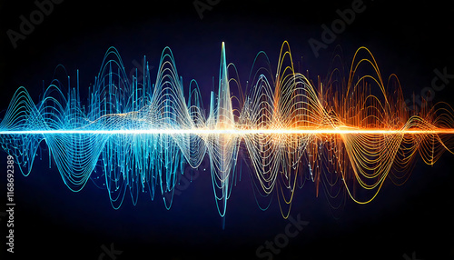 Stunning abstract wave visualization.  Vibrant blue and orange hues create a dynamic, energetic feel, perfect for tech, music, or data visualization projects.