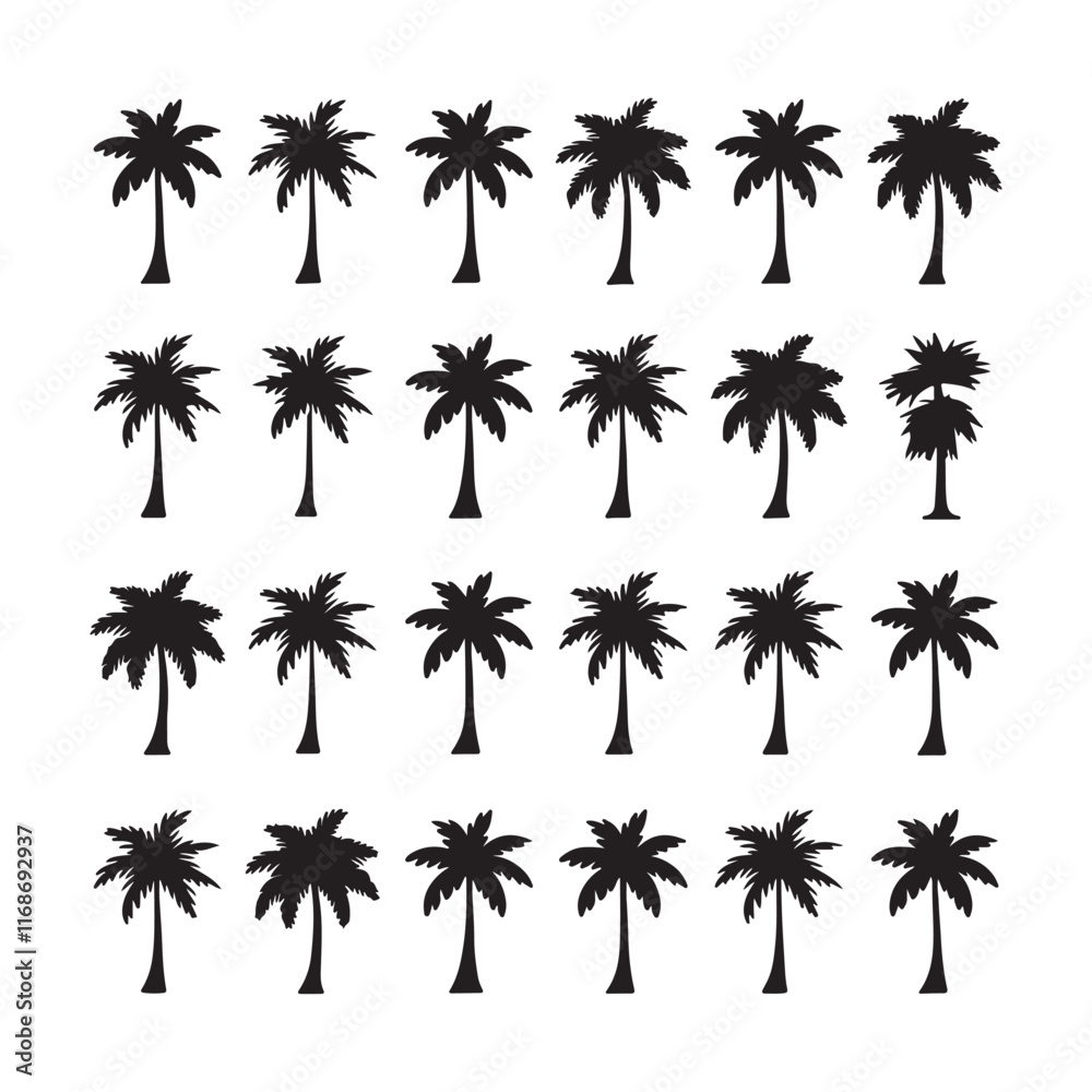 Collection of silhouettes palm trees icon on white background Collection of silhouettes palm trees icon on white background