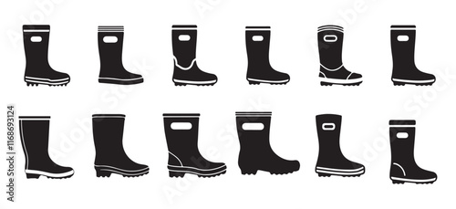 Collection of silhouettes rubber boots icon on white background