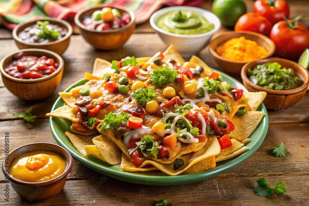 Colorful Nachos with Dipping Sauces - Mexican Fiesta Food Colorful Nachos with Dipping Sauces - Mexican Fiesta Food