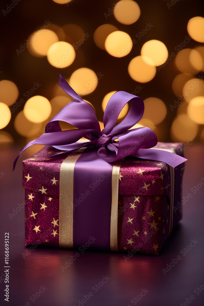 Embellished Gift Wrapped in Shiny Paper with Textured Background and Delicate Ribbon Embellished Gift Wrapped in Shiny Paper with Textured Background and Delicate Ribbon