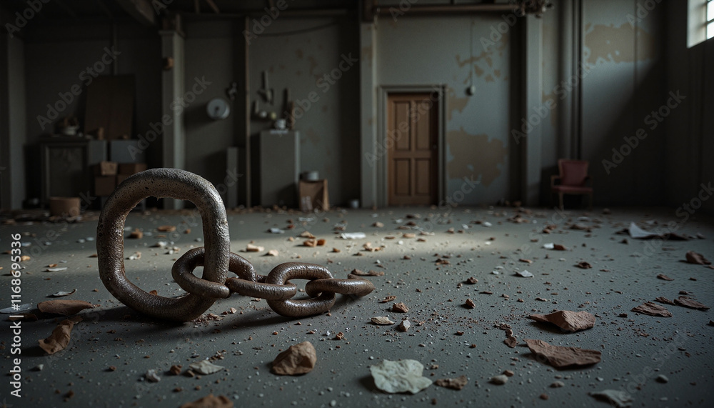 Rusty chain on debris-strewn floor in abandoned room Rusty chain on debris-strewn floor in abandoned room