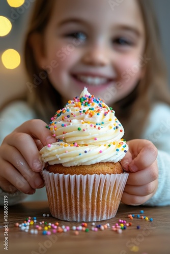 Young girl joyfully holds a large cupcake topped with colorful sprinkles in a cozy indoor setting during a celebration