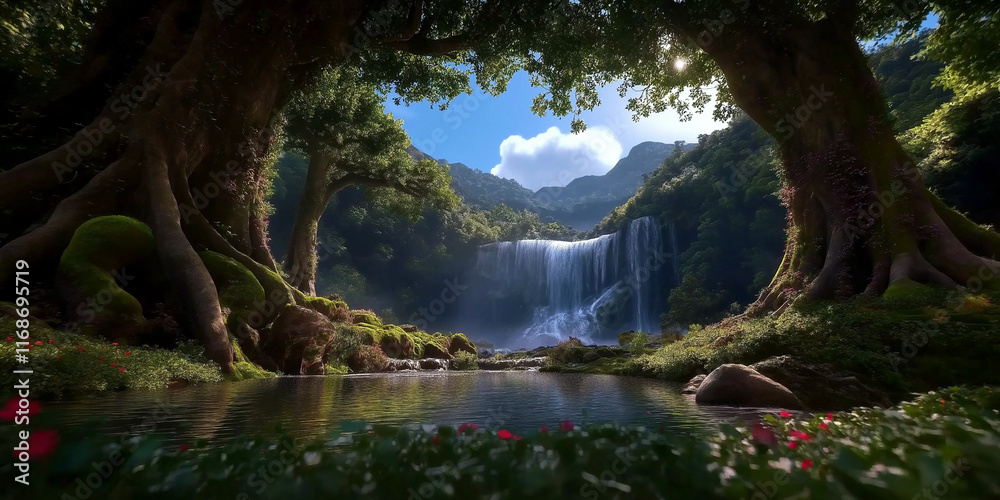 Fototapeta premium Majestätische Berglandschaft mit Wasserfall und klarem blauen Himmel