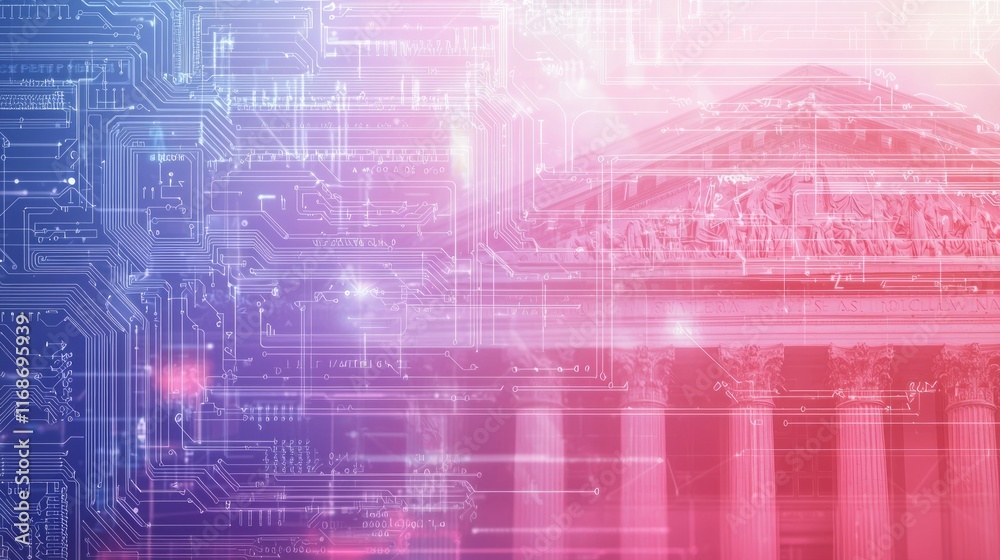 Obraz premium Futuristic Fusion: Circuit Patterns Merge with Classical Government Silhouette in Modernization Cinematic Image