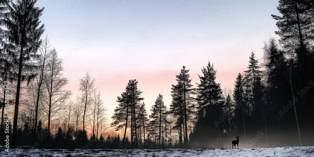 Fototapeta premium Einsamer Spaziergang eines Rehs im verschneiten Wald mit Sonnenstrahlen im Hintergrund