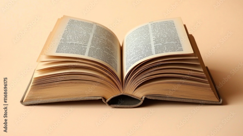 An open book displaying its pages on a soft-colored background. An open book displaying its pages on a soft-colored background.