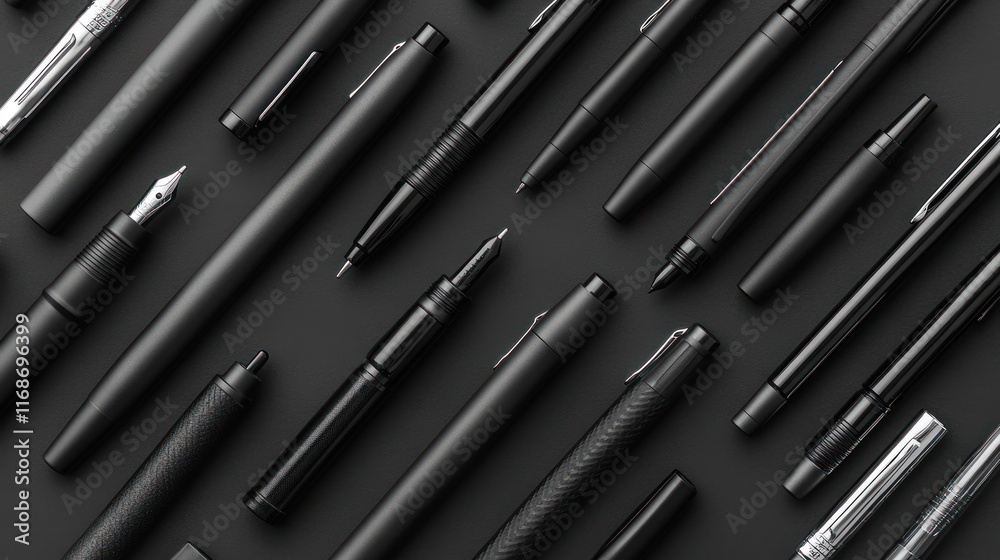 A collection of black pens arranged neatly on a dark surface, showcasing various writing instruments. A collection of black pens arranged neatly on a dark surface, showcasing various writing instruments.