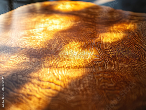 A close-up of a wooden table board with intricate wood grain patterns, illuminated by warm natural light from a nearby window  photo