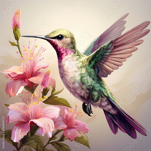 hummingbird and pink flowers pastel colored art design 