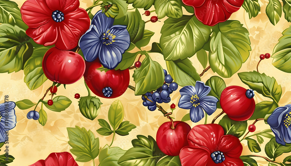 Fototapeta premium Vibrant Floral Illustration with Berries and Apples