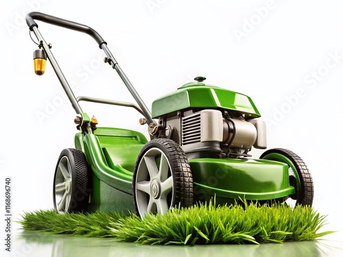Isolated Lawn Mower on White Background: Candid Shot of a Powerful Gardening Machine