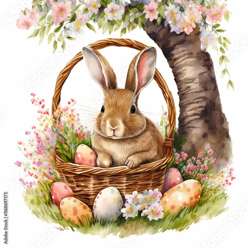 Easter style basket under a tree, A bunny in a basket with hand painted eggs illustration