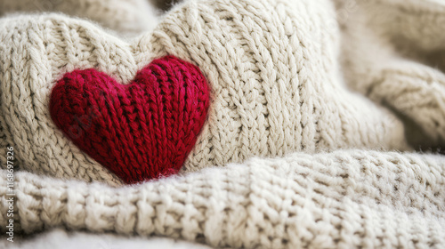 red knitted heart rests on cozy beige sweater, creating warm and affectionate atmosphere photo