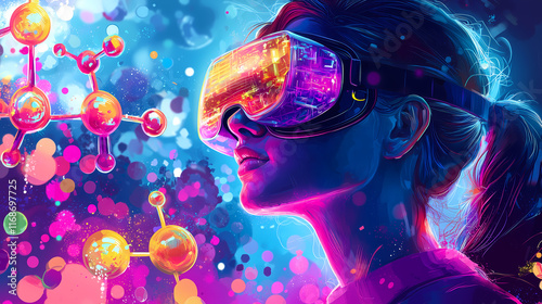 Virtual Exploration: A vibrant digital art portrait of a woman immersed in a virtual reality experience, surrounded by colorful molecular structures.