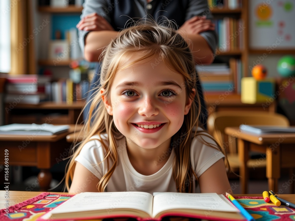 Happy Caucasian Girl Student Smiling Reading Book in Classroom Elementary School Happy Caucasian Girl Student Smiling Reading Book in Classroom Elementary School