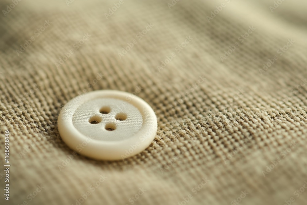 A Single White Button Rests On Beige Fabric A Single White Button Rests On Beige Fabric