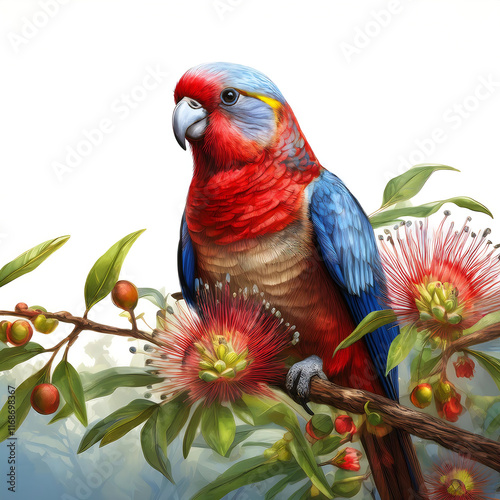 Eastern Rosella Australian native bird on a branch of red flowering gum nuts.