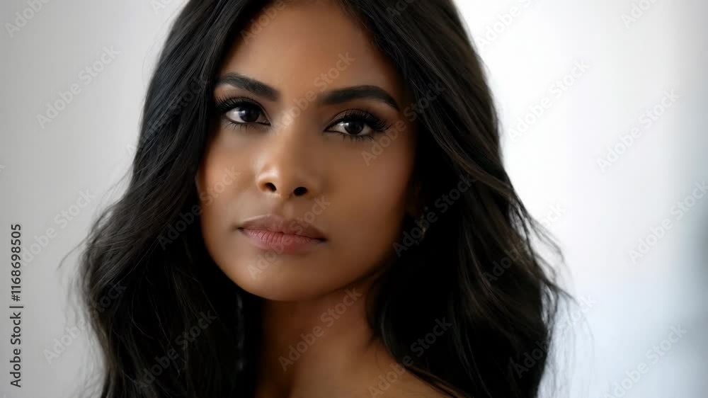 Soft focus image of a woman with closed eyes, dark flowing hair, and subtle makeup Soft focus image of a woman with closed eyes, dark flowing hair, and subtle makeup