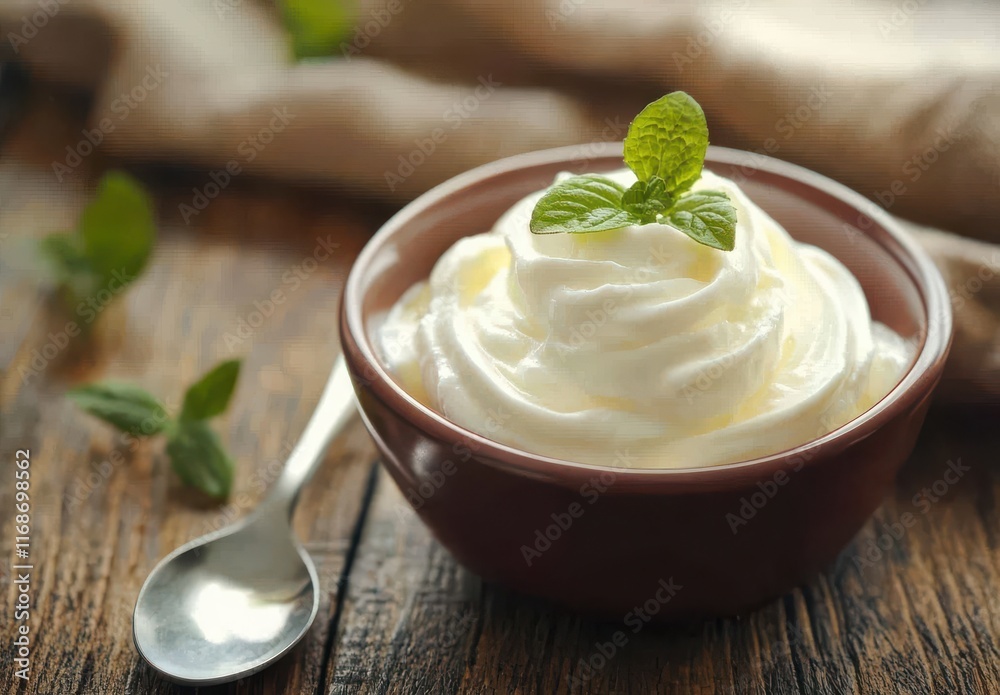 Creamy Dessert Topping in a Bowl with Fresh Mint Leaves, Perfect for Adding Richness and Flavor to Various Sweet Treats and Culinary Creations Creamy Dessert Topping in a Bowl with Fresh Mint Leaves, Perfect for Adding Richness and Flavor to Various Sweet Treats and Culinary Creations