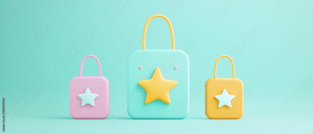 Pastel Shopping Bags with Stars Cute 3D Render of Gift Bags for Online Retail Pastel Shopping Bags with Stars Cute 3D Render of Gift Bags for Online Retail