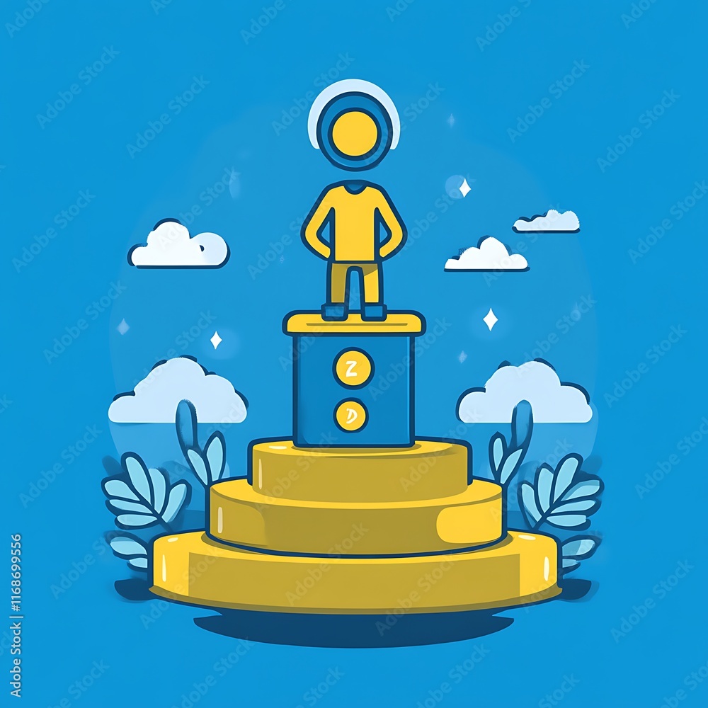 A Yellow Figure Stands Atop A Multi Tiered Podium