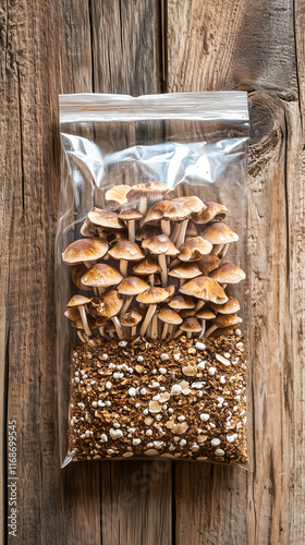 Mushroom growing kit with substrate bag and spores on textured wooden background photo