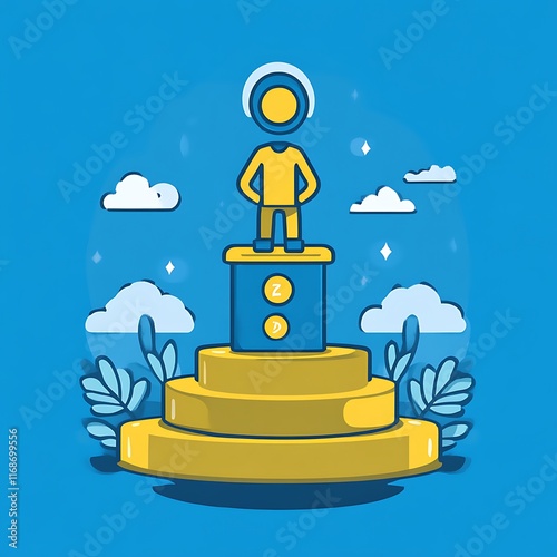 Obraz na płótnie A Yellow Figure Stands Atop A Multi Tiered Podium w salonie
