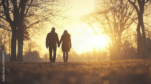 couple holding hands walks through park at sunset, surrounded by bare trees