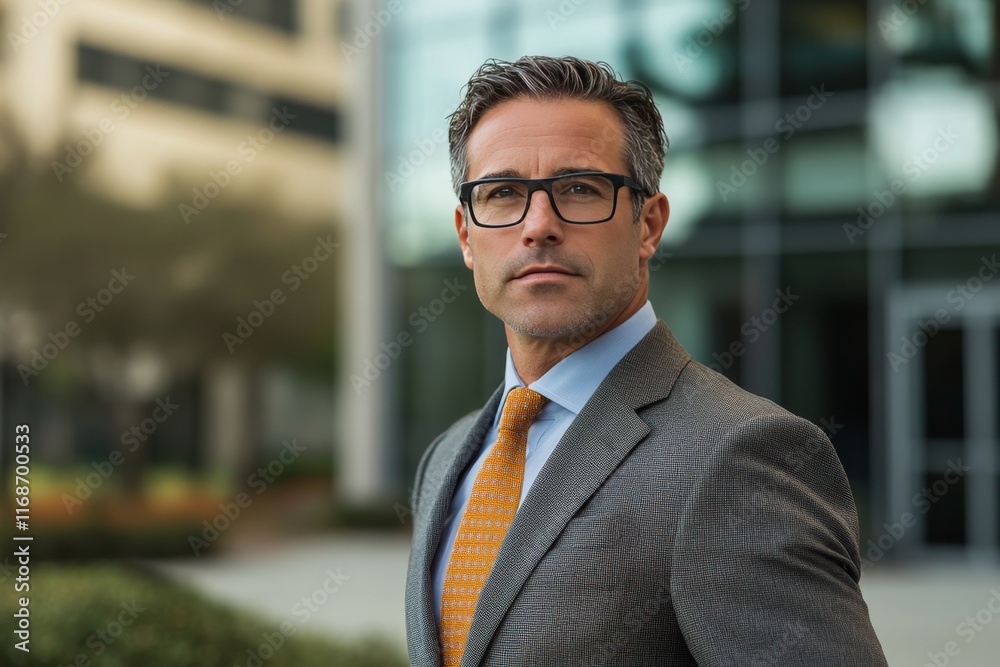 Fototapeta premium Businessman stands confidently in front of modern office building against blue sky