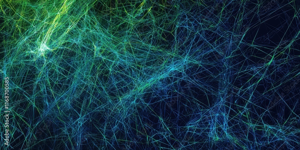 Blue and green streams of data moving through a digital network grid. Blue and green streams of data moving through a digital network grid.