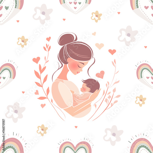 Mother and Baby Seamless Pattern with Hearts and Florals. Loving Mother and Child Illustration with Soft Pastels. Tender Motherhood Design with Hearts and Rainbows