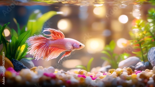 Pink betta fish swimming in a colorful aquarium with plants and pebbles.