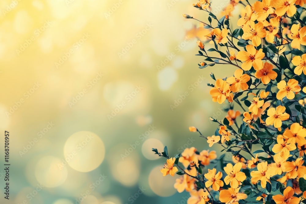 Obraz premium Vibrant Yellow Flowers Blooming in Springtime Garden Soft Bokeh Background