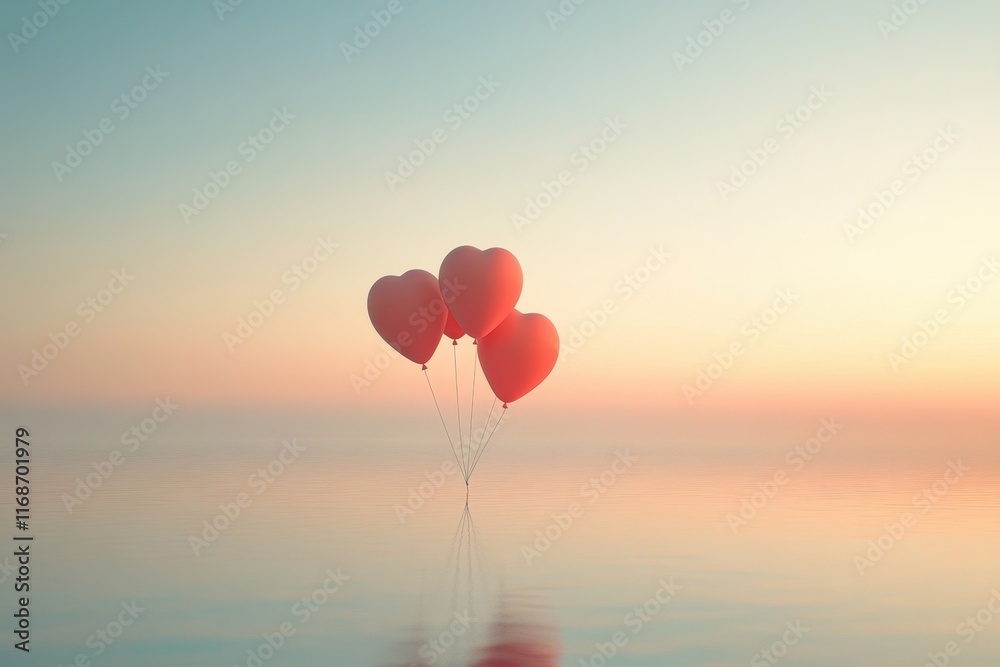 Fototapeta premium Three Heart Shaped Balloons Float Calmly On Water At Sunset