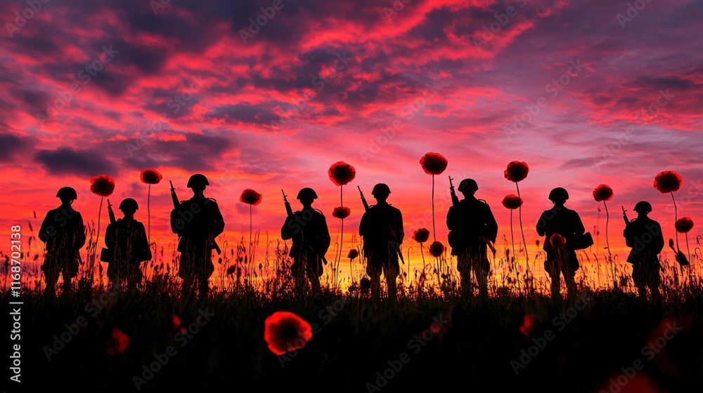Fototapeta premium Silhouettes of soldiers in the field with poppies against a sunset sky background during battles for World War I. 