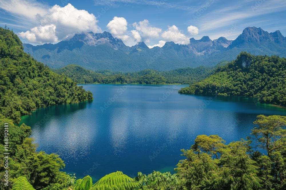 Fototapeta premium Majestic mountain landscape with serene river under blue sky and fluffy clouds