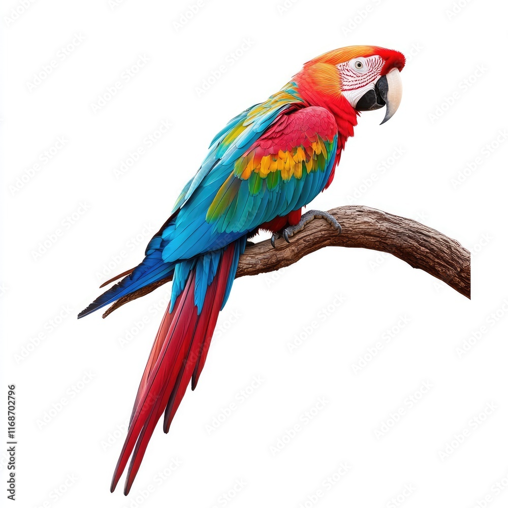 Fototapeta premium A colorful parrot perched on a branch, showcasing vibrant feathers and a striking appearance.