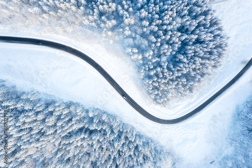 Aerial view on the curvy road and forest at the winter time. Forest covered i...