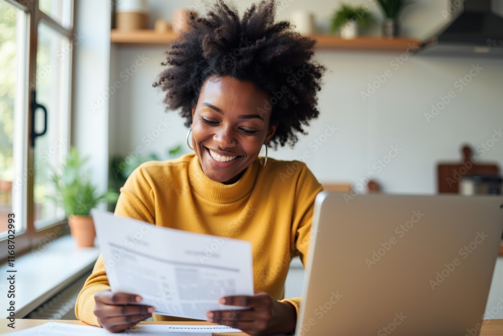 Smiling woman in yellow sweater working on laptop and reading paper in cozy home office, perfect for business, marketing, or lifestyle themes. Smiling woman in yellow sweater working on laptop and reading paper in cozy home office, perfect for business, marketing, or lifestyle themes.