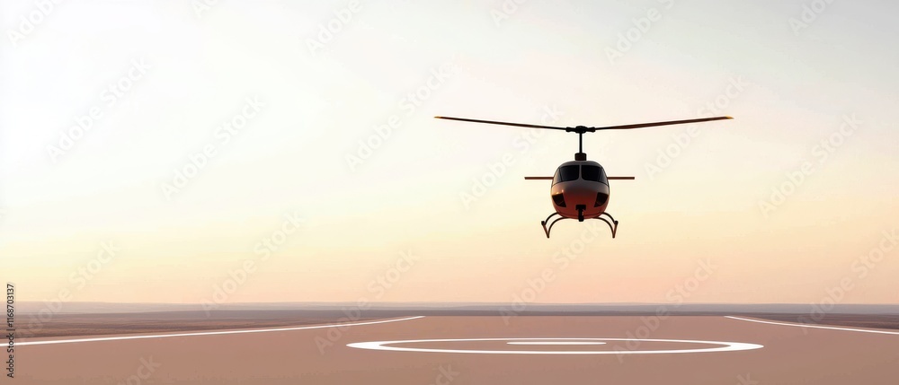 Obraz premium life-saving concept. Helicopter taking off at sunset from a helipad in a serene landscape.