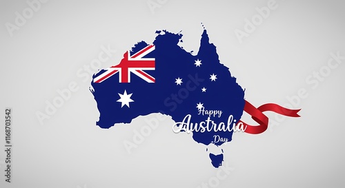 Australia Day Graphic Design Blue Map with Australian Flag, White Outline, Red Ribbon, and Cursive Font Created with Generative AI