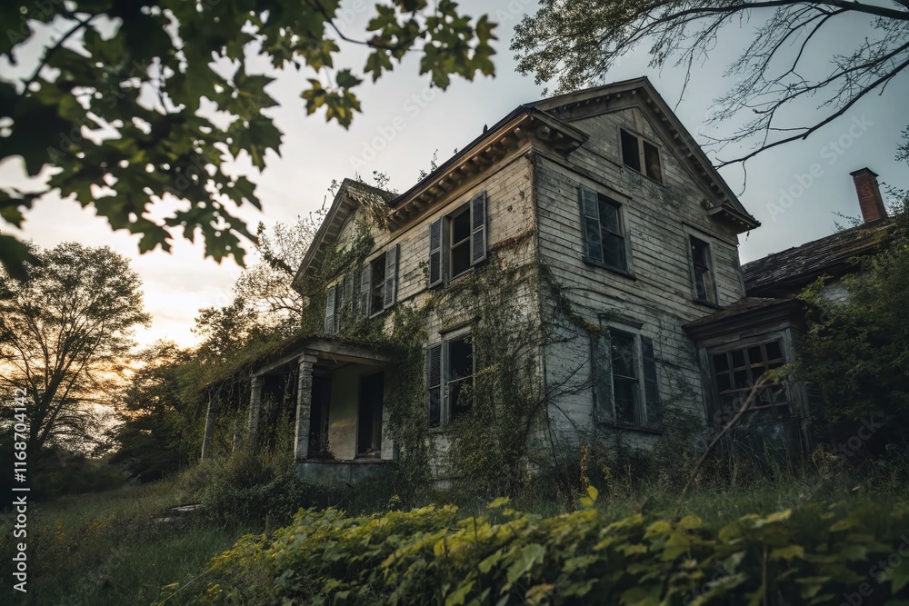 Creepy Abandoned House at Dusk - Spooky Halloween Stock Photo Creepy Abandoned House at Dusk - Spooky Halloween Stock Photo