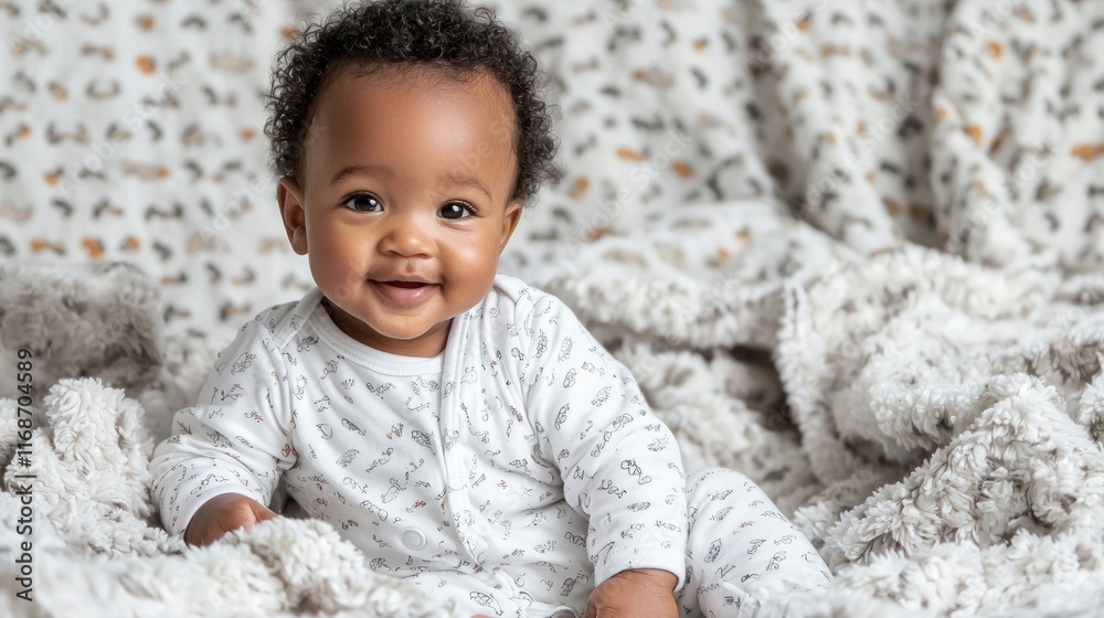 A baby in a soft cotton oneness sitting on a cozy blanket. A baby in a soft cotton oneness sitting on a cozy blanket.