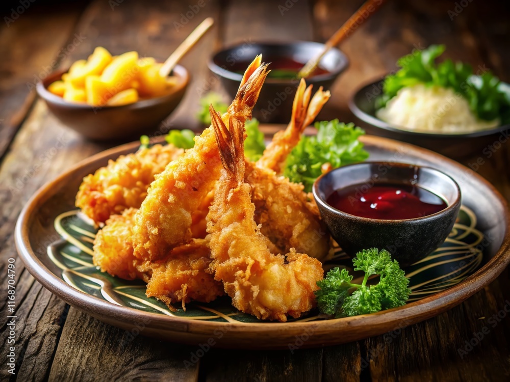 Crispy Fried Shrimp with Tonkatsu Sauce - Japanese Cuisine Stock Photo Crispy Fried Shrimp with Tonkatsu Sauce - Japanese Cuisine Stock Photo