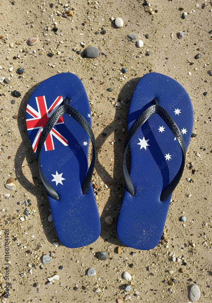 Naklejka premium Australian Flag Flip Flops on Sandy Beach with Colorful Pebbles Created with Generative AI