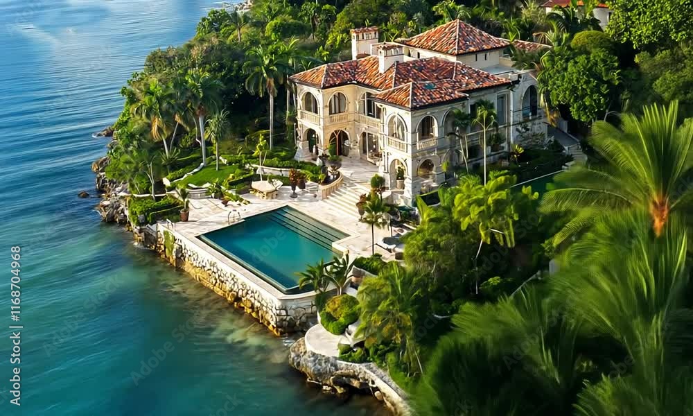 Luxurious waterfront mansion with expansive gardens and stunning ocean views, featuring a large swimming pool and graceful architecture nestled in a tropical paradise. Luxurious waterfront mansion with expansive gardens and stunning ocean views, featuring a large swimming pool and graceful architecture nestled in a tropical paradise.